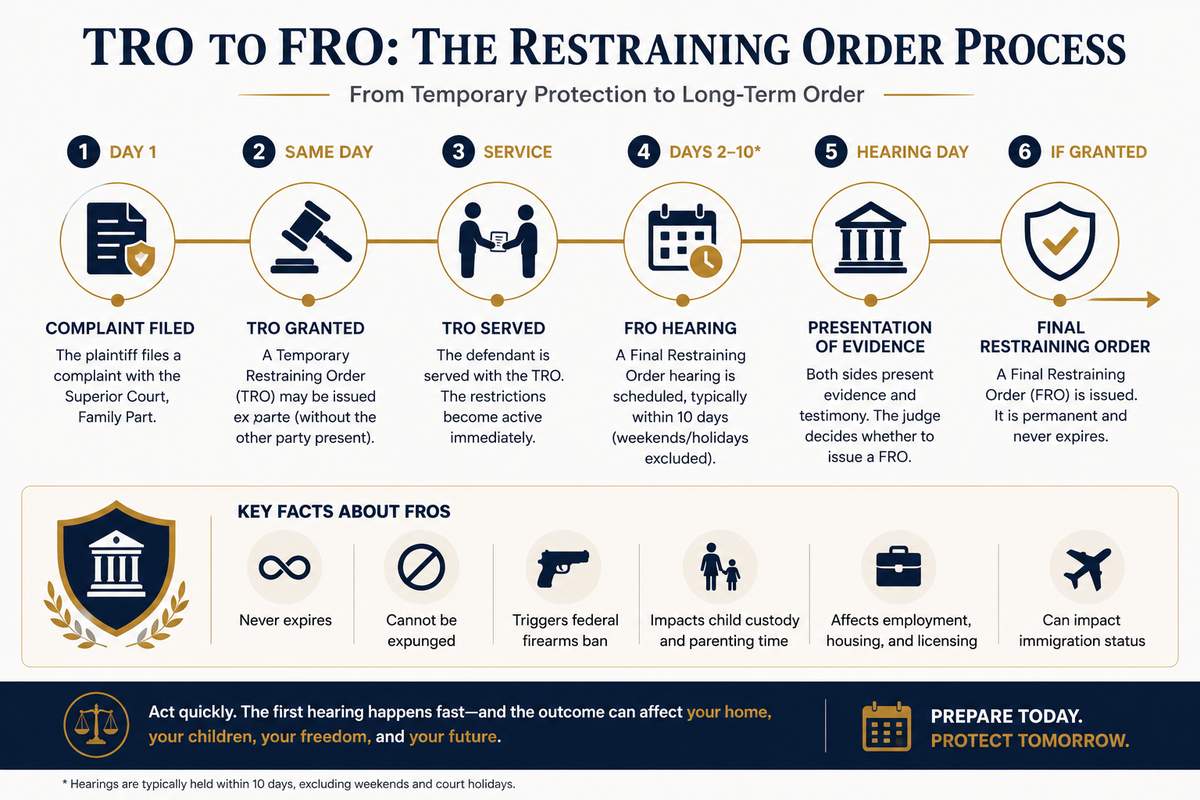 Timeline of the New Jersey restraining order process from TRO to Final Restraining Order