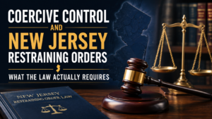 Coercive control and New Jersey restraining orders legal concept with New Jersey map, gavel, and scales of justice
