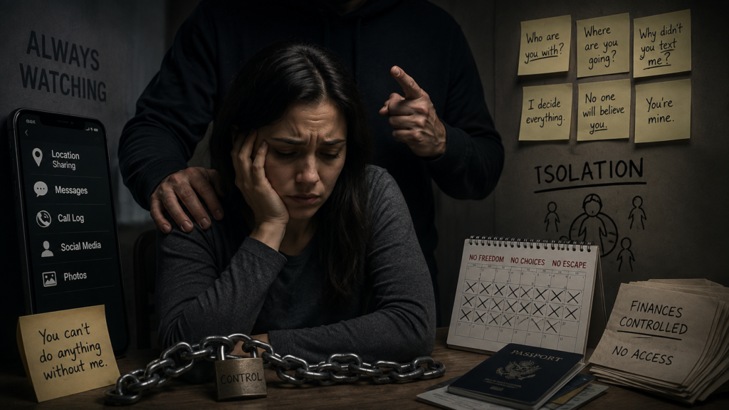 Conceptual depiction of coercive control involving surveillance, isolation, financial control, and restricted freedom