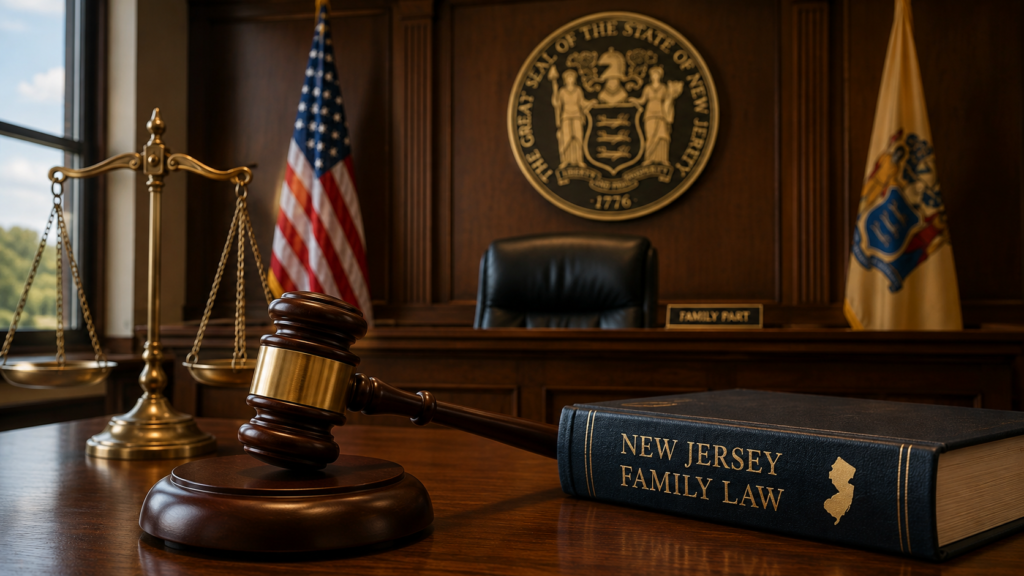 New Jersey Family Part courtroom with gavel, scales of justice, and New Jersey state seal