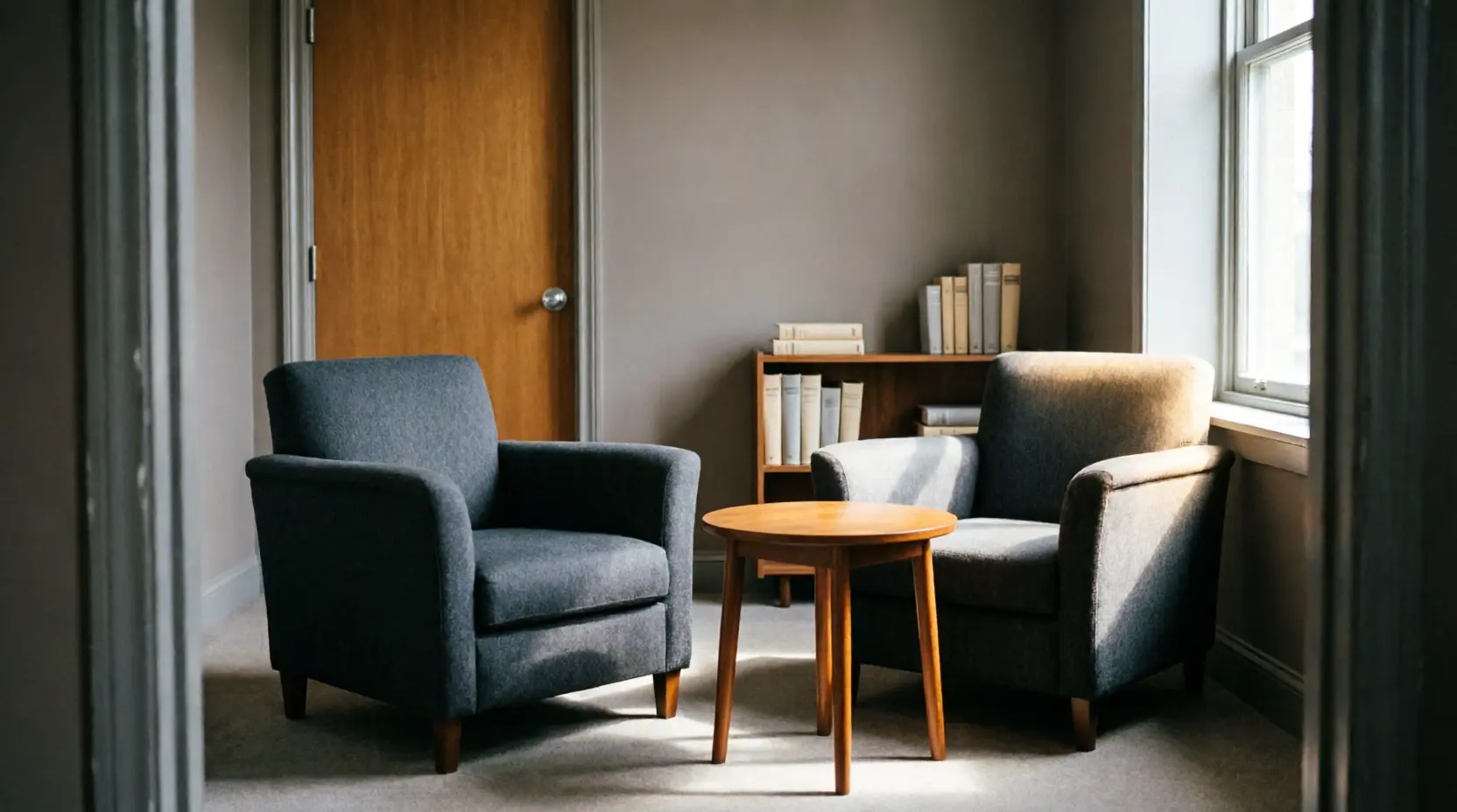 Two chairs facing each other in an empty law office consultation room
