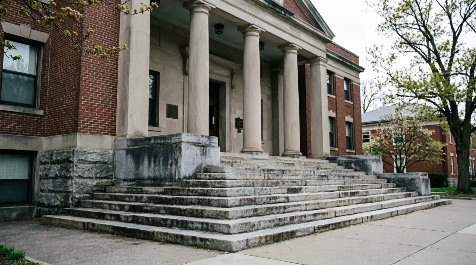 Angled view of stone courthouse steps and entrance columns