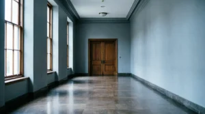 Empty courthouse corridor with tall windows and closed wooden doors