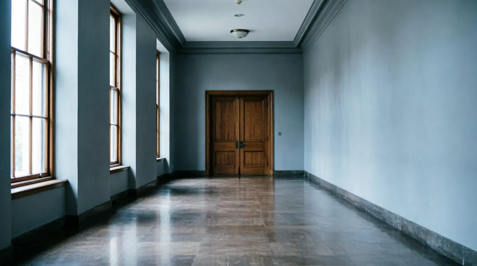 Empty courthouse corridor with tall windows and closed wooden doors