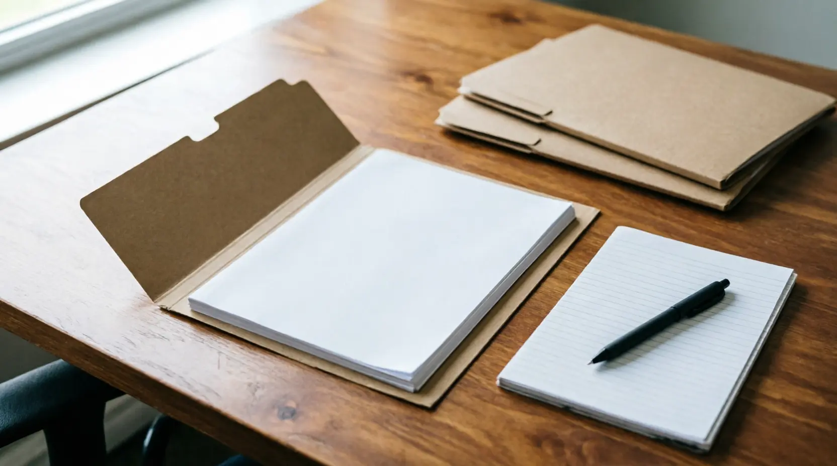 Open case folder with legal documents and a notepad on a desk
