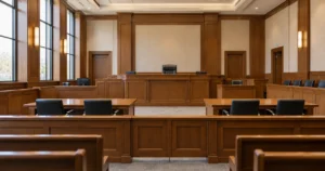 Empty courtroom with wooden counsel tables in the foreground and a judge's bench in the background
