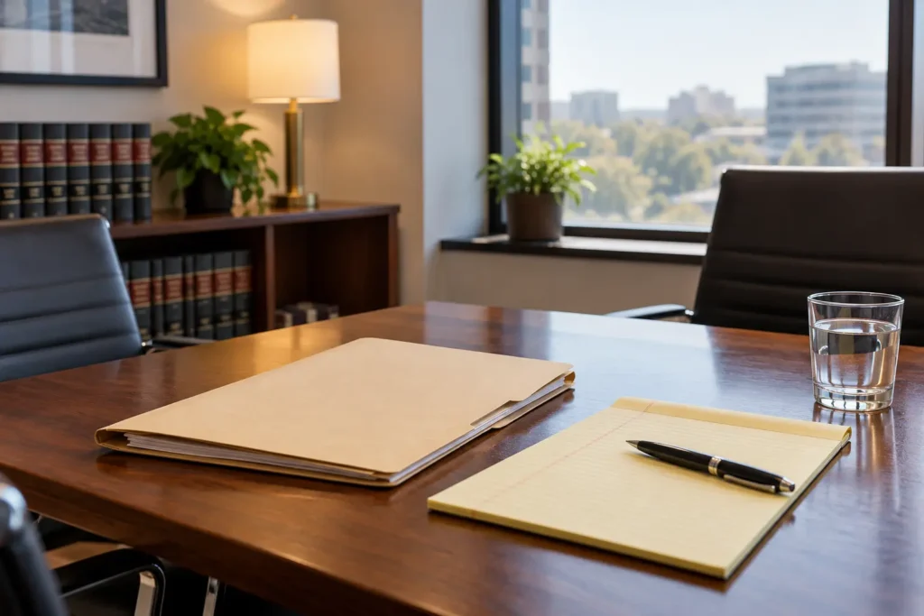 Legal folder and notepad on an attorney consultation table