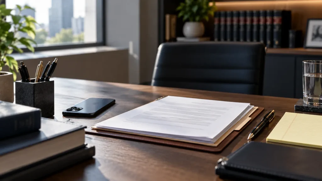 Folder, documents, planner and phone arranged on a desk for a legal consultation