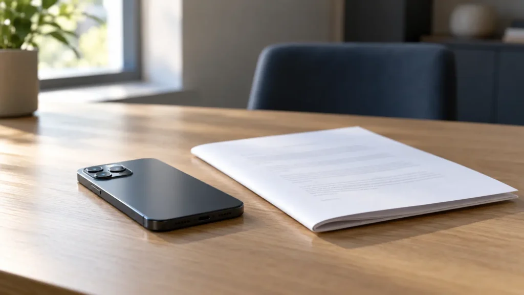 Smartphone face-down next to a folded legal document on a table